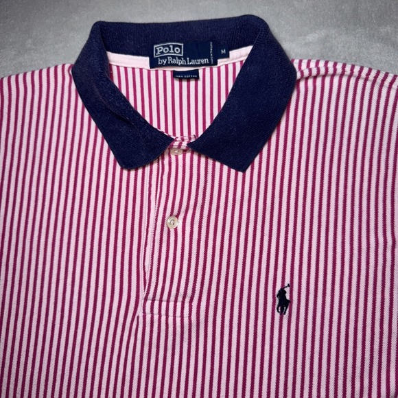 Vintage Polo Ralph Lauren Pink White Striped Navy & Pink Trim Polo‎ Shirt Medium - Picture 2 of 10
